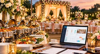 Banquet hall with round tables set for a wedding